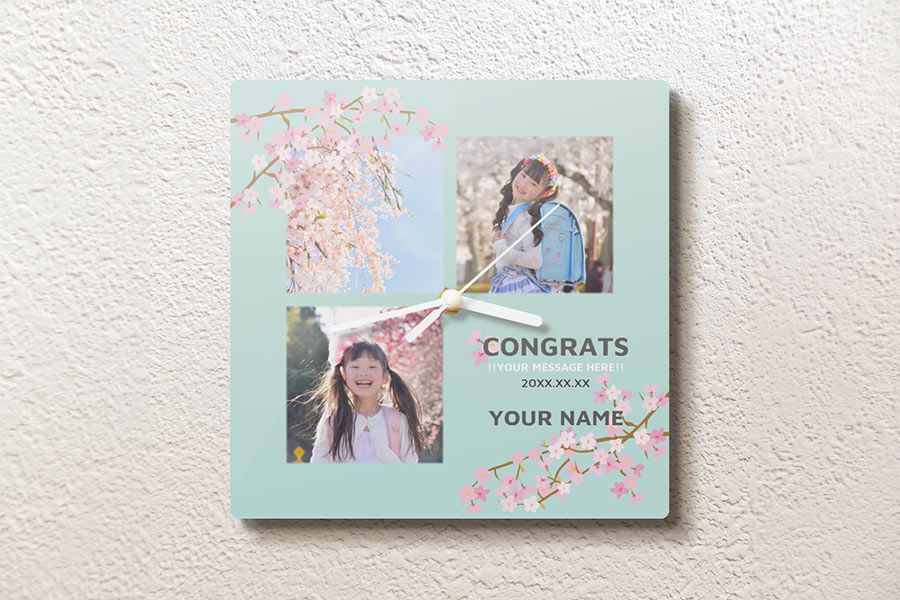 写真に桜を載せられる写真プリント時計をオリジナルでプリント　入学祝いのテンプレート