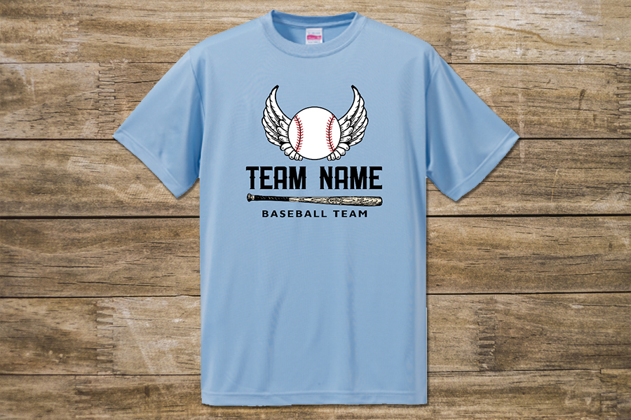 野球ボールと翼のロゴ入りチームTシャツをオンデマンド転写でオリジナルでプリント　運動系部活のテンプレート